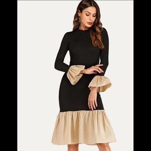 Contrast Ruffled Sleeves & Kneed Midi Dress